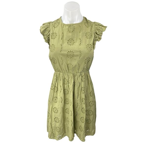 Vero Moda Green Sleeveless Eyelet Flutter Sleeve Crisscross Back A-line Dress L - Picture 1 of 5